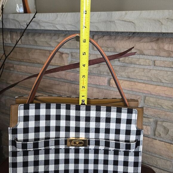 🐢 Tory Burch Black/White Checkered Canvas Lee Radziwill Top Handle Bag - Picture 7 of 17